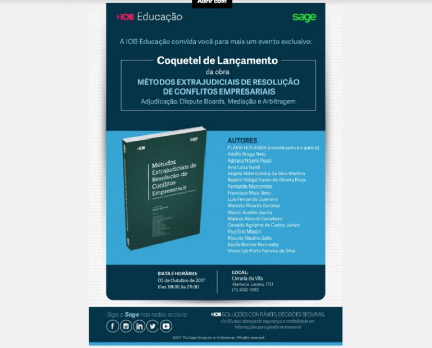 Lançamento da obra “Métodos Extrajudiciais de Resolução de Conflitos Empresariais – Adjudicação, Dispute Boards, Mediação e Arbitragem"