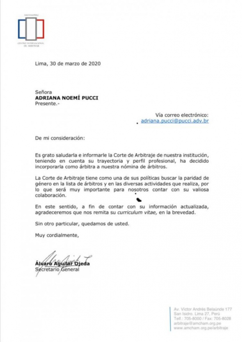 Incorporação à lista de árbitros do “Centro Internacional de Arbitraje de AMCHAM-PERÚ”