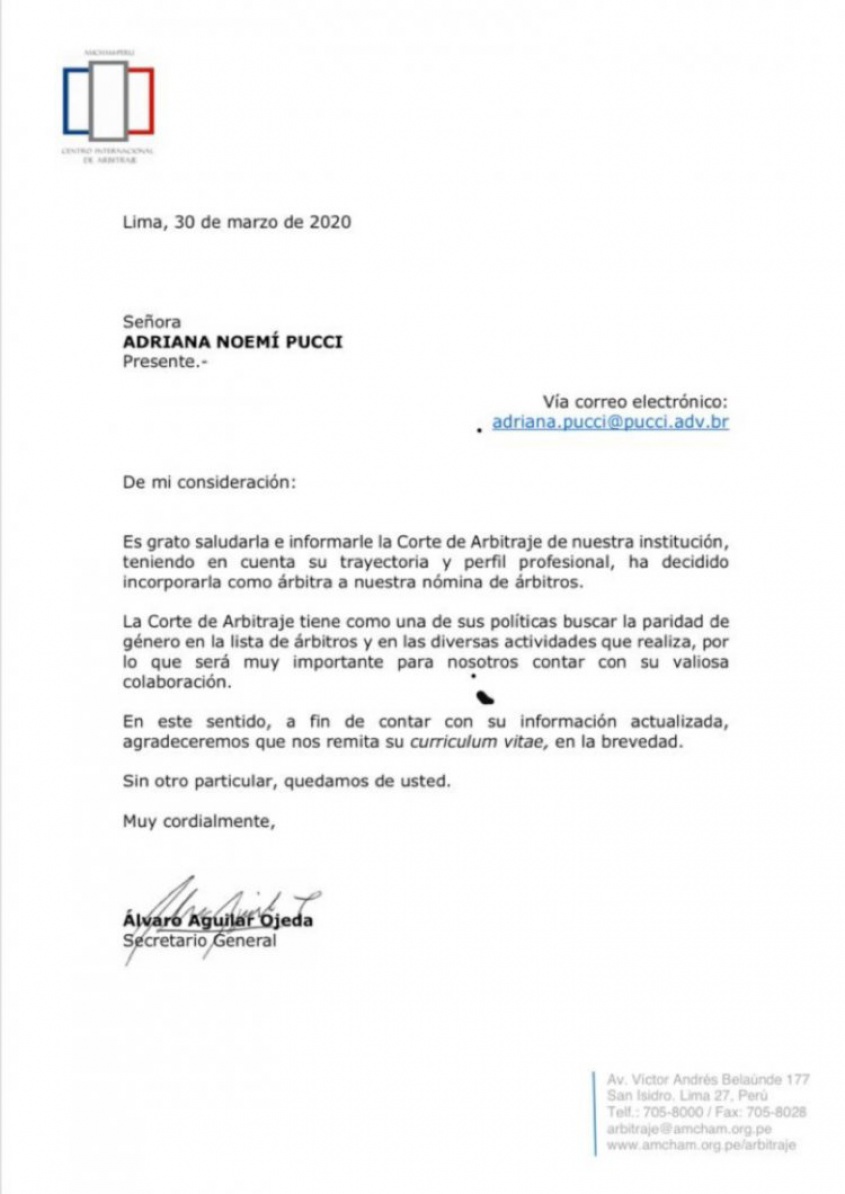 Roster of arbitratiors  at the “Centro Internacional de Arbitraje de AMCHAM-PERÚ”